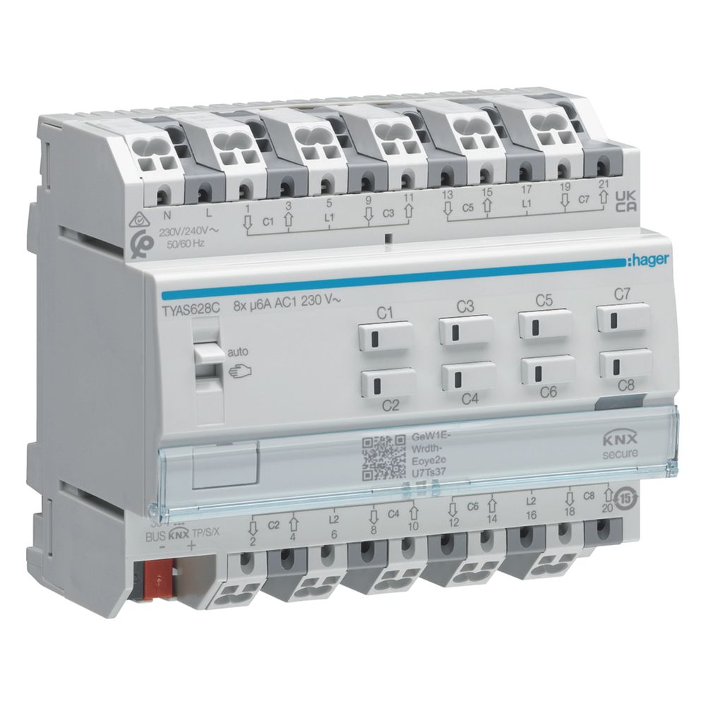 Actionneur de volets roulants/jalousies KNX Secure Hager 8 voies, 230 V