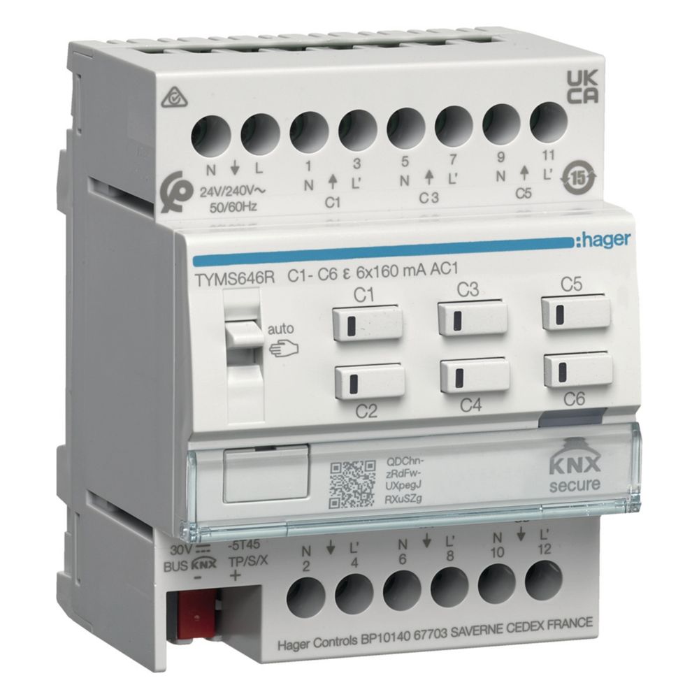 Actionneur de chauffage KNX Secure Hager 6 voies, avec régulateur pour actionneurs 24/230 V, Triac