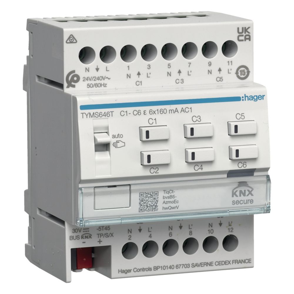 Actionneur de chauffage KNX Secure Hager 6 voies pour actionneurs 24/230 V, Triac