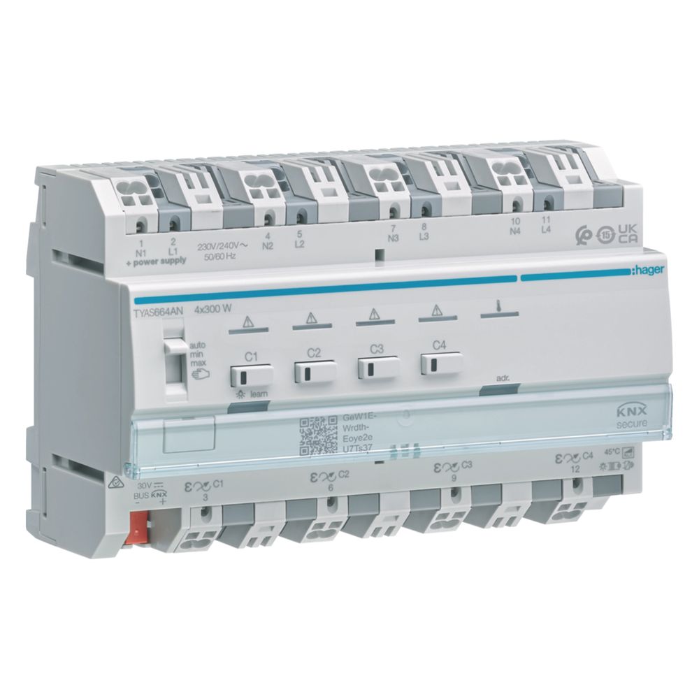 Actionneur de gradation universel hager 4 voies KNX Secure, 4x300W, ESL/LED, combinable