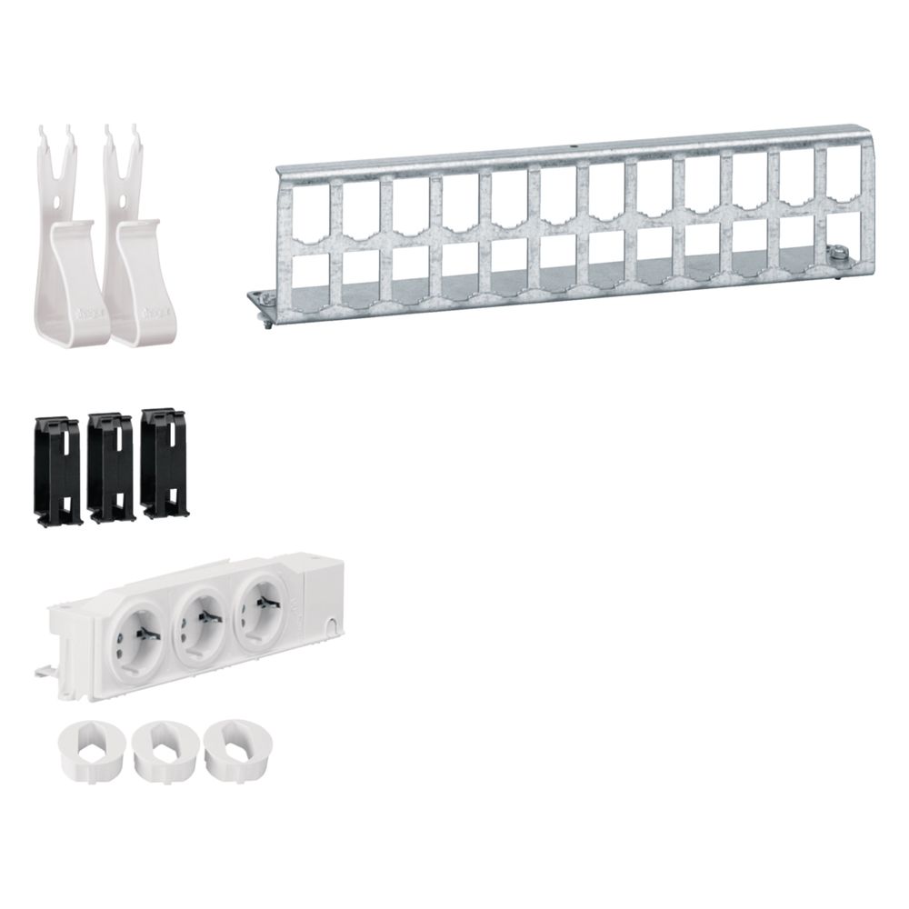 Kit multimédia Hager avec 3 prises, panneau de brassage RJ45, supports d'appareils et de câbles