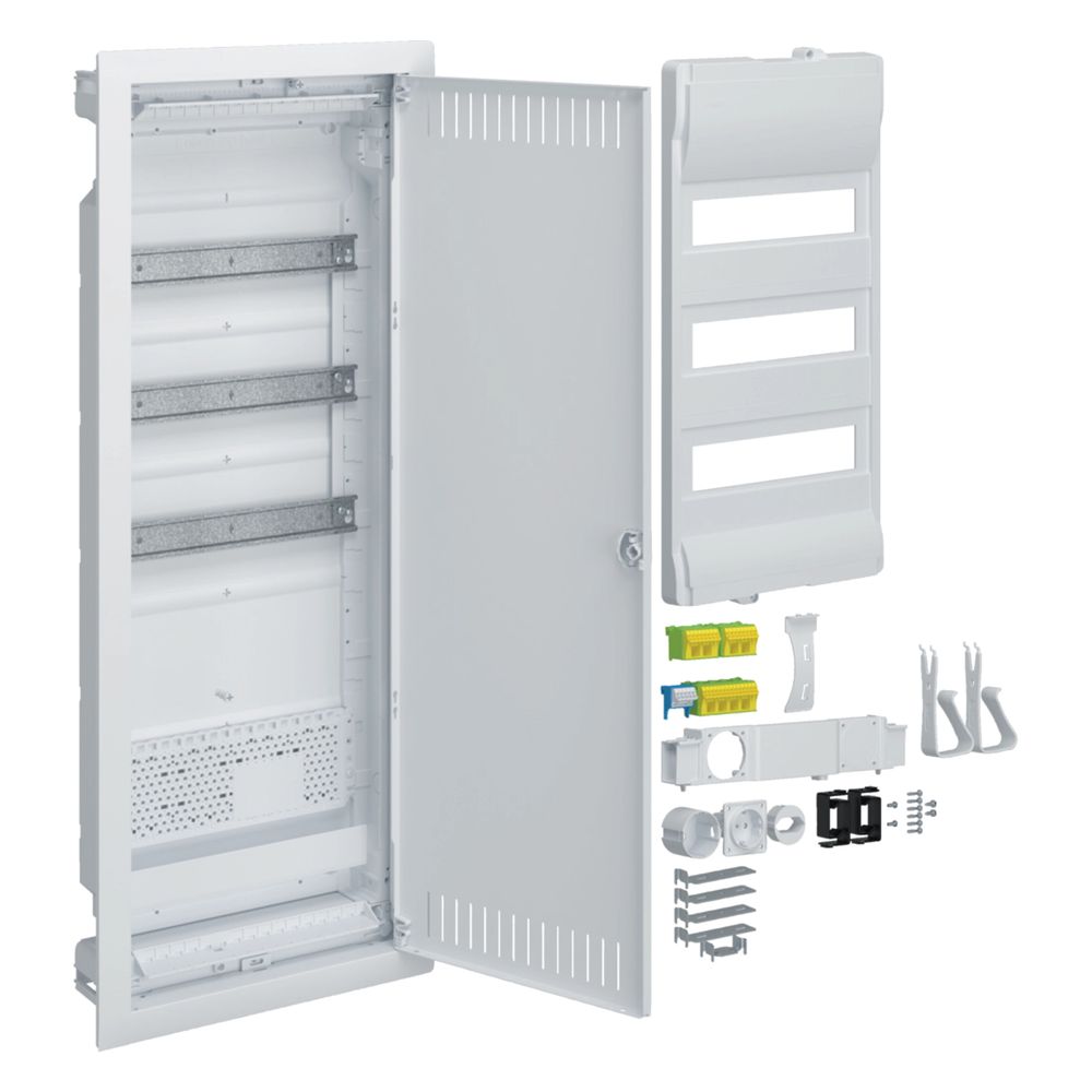 Hager Volta Distributeur hybride encastrable, 36 modules, plaque de montage, prise, porte en tôle d'acier