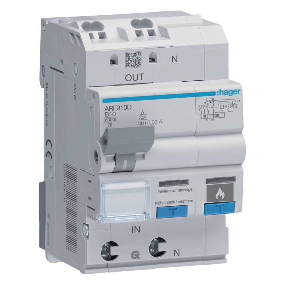Hager Dispositif de protection contre les arcs électriques AFDD avec disjoncteur différentiel FI/LS 1P+N 6kA B-10A 30mA Type A 3M