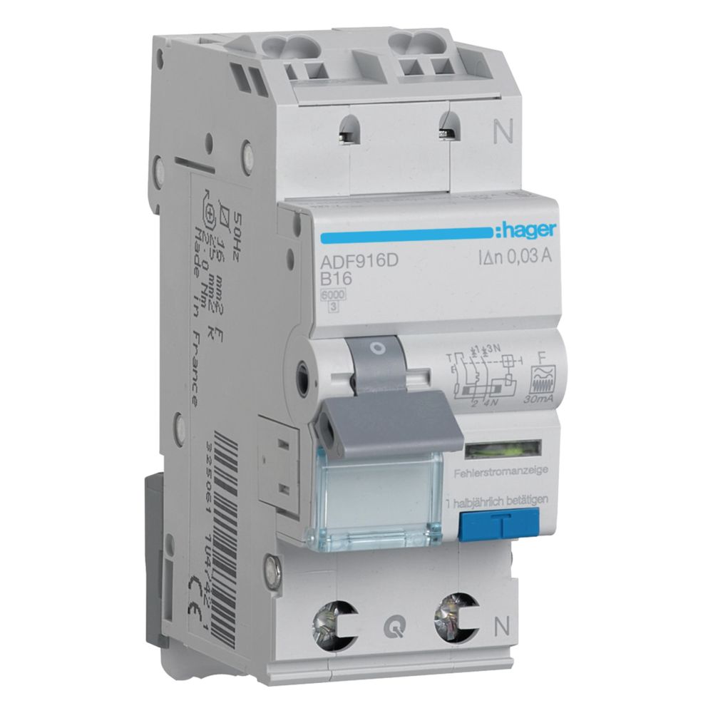 Disjoncteur différentiel Hager, type FI/LS 1P+N 6kA, courbe B, 16A, 30mA, type F, QC
