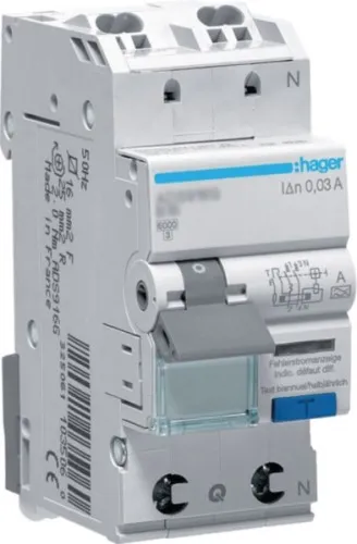 Disjoncteur différentiel Hager ADS910D 1P+N, 6kA, B-10A, 30mA, type A