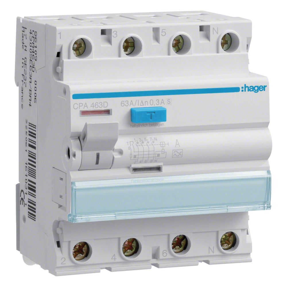Disjoncteur différentiel Hager, 4 pôles, 6 kA, 63 A, 300 mA, type S sélectif