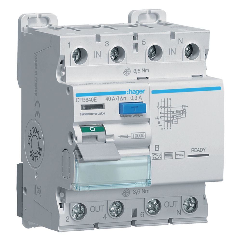 Disjoncteur différentiel / interrupteur différentiel Hager 4 pôles 10kA 40A 300mA Type B