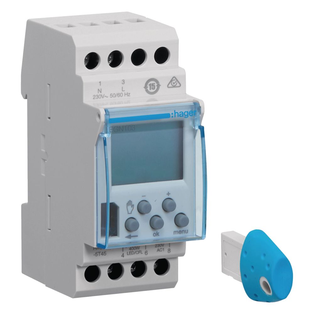 Minuteur hebdomadaire Hager, 1 inverseur, 16A, 2 PLE, numérique avec clé de programmation Bluetooth
