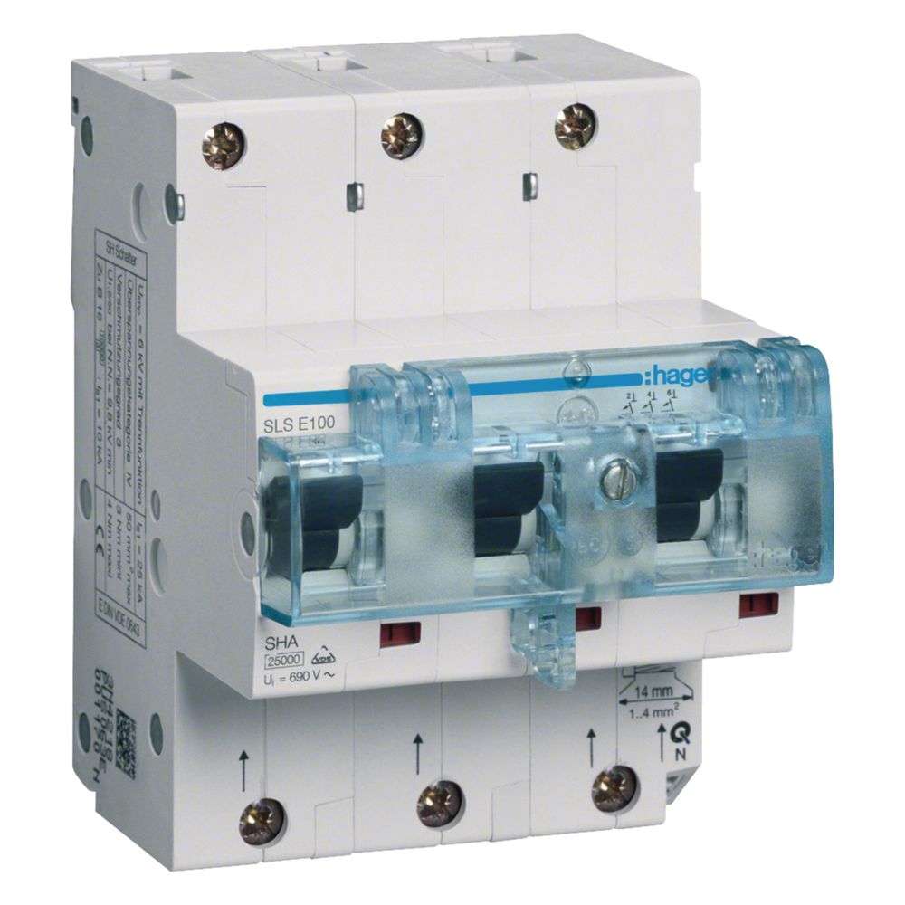 Interrupteur-sectionneur Hager SLS tripolaire caractéristique E 100A pour montage sur rail DIN