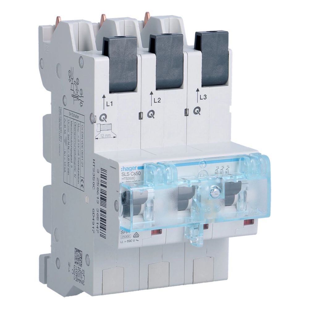 Interrupteur-sectionneur Hager SLS 3 pôles, caractéristique Cs 50 A pour rail DIN QuickConnect