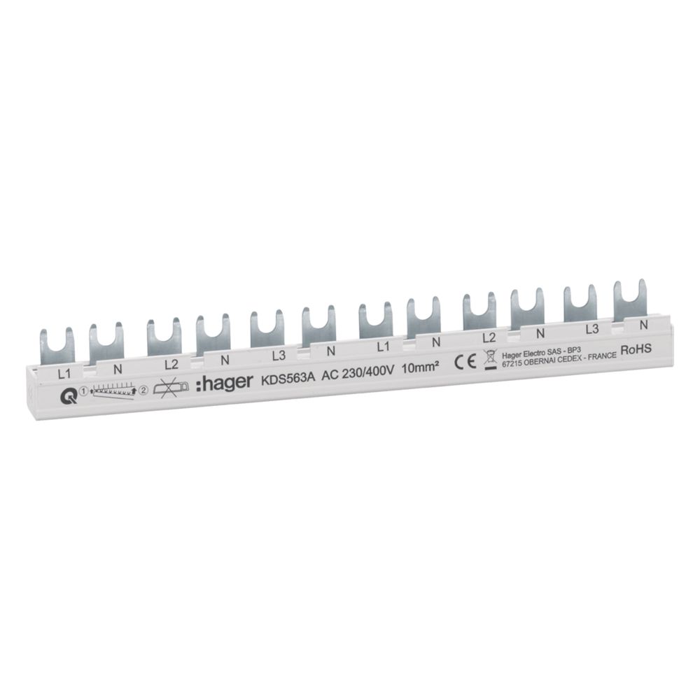 Barrette de répartition Hager KDS563A 3 pôles + N, compacte, 63 A, à fourche, 10 mm², 12 modules, longueur 215 mm, L1N-L2N-L3N-L1N-L2N-L3N, QuickBusbar