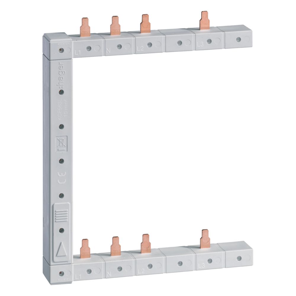 Barrette de répartition Hager KCF563L, verticale, 3 pôles + N, compacte, 63 A, gauche, L1N-L2N-L3N vers L1N-L2N-L3N, 125 mm, 2 rangées