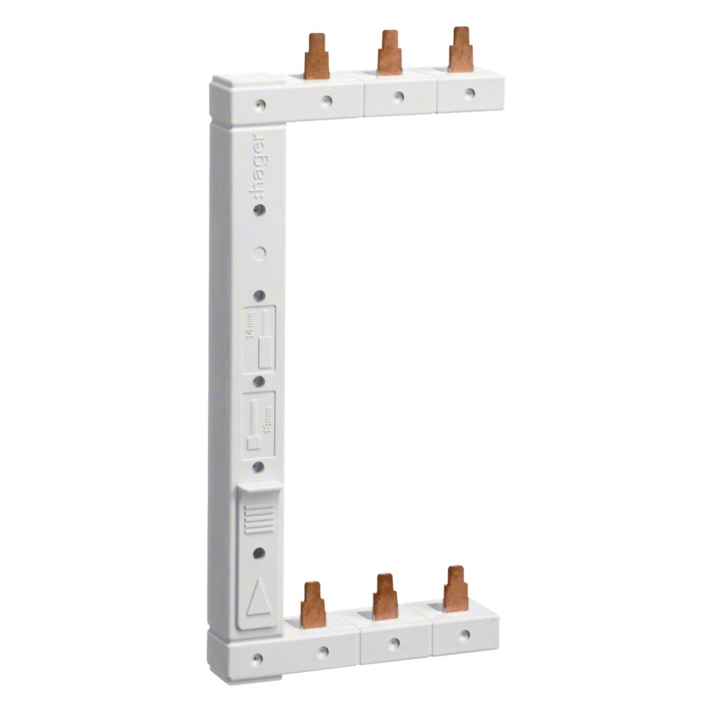 Barrette de phase Hager KCL363L pour disjoncteurs LS, 3 pôles, verticale gauche, 63 A, 10 mm², 2 rangées