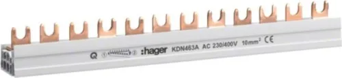 Hager KDN463A Barrette de répartition 4 pôles, 63 A, à fourche, 10 mm², 12 modules, longueur 210 mm