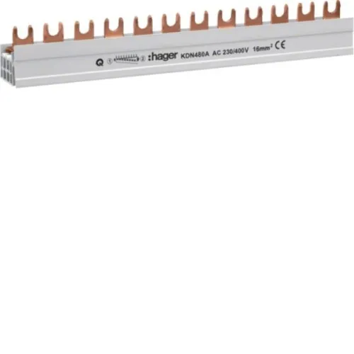 Rail de phase Hager KDN480A, 4 pôles, 80A, à fourche, 16 mm², 12 modules, longueur 210 mm