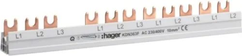 Barrette de phase Hager KDN363F, 3 pôles, pour disjoncteurs différentiels et disjoncteurs divisionnaires, 63A, à fourche, 10 mm², 12 modules, longueur 210 mm