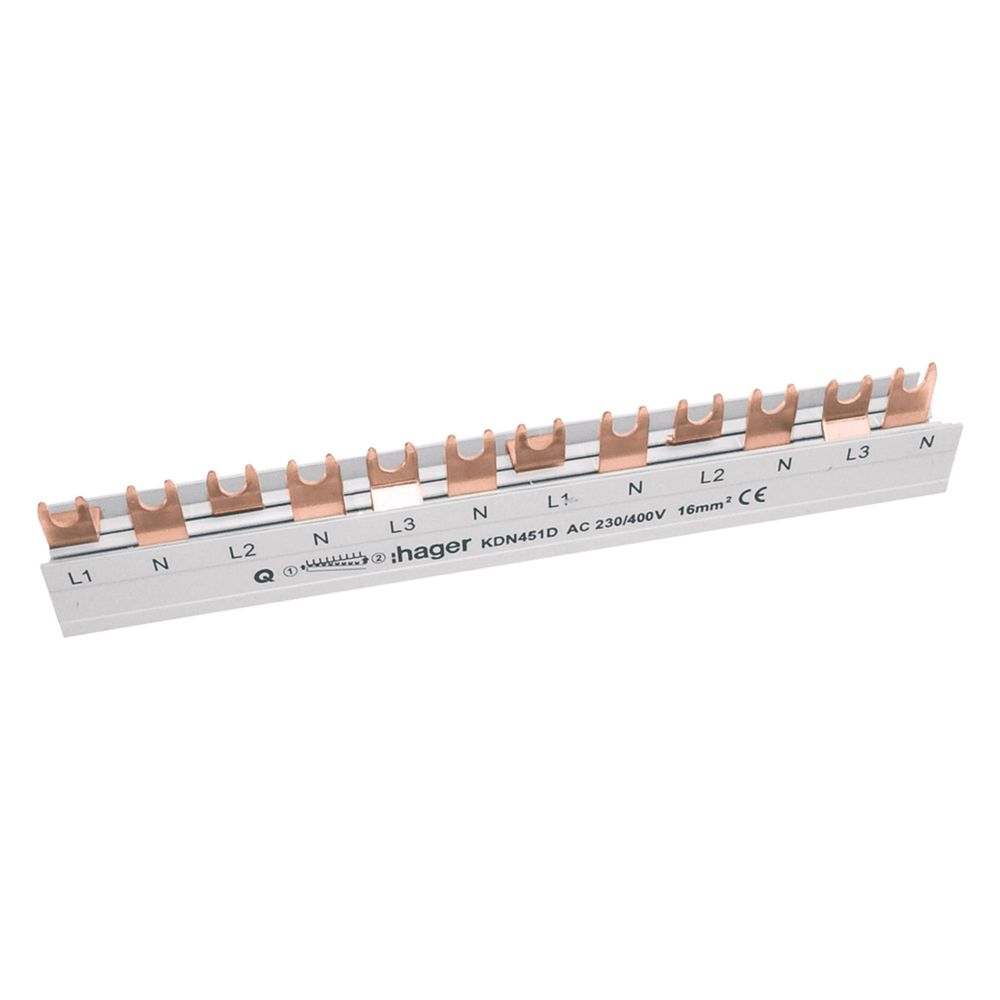Barrette de phase Hager KDN451D, 3 pôles + N, 80A, à fourche, 16 mm², 12 modules, longueur 215 mm