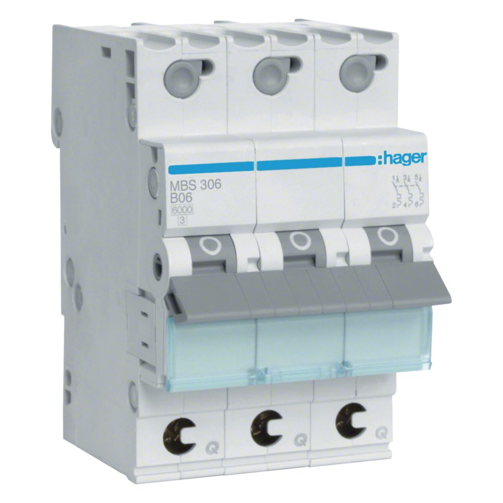 Disjoncteur différentiel Hager MBS306, 3 pôles, pouvoir de coupure 6kA, courbe B, 6A