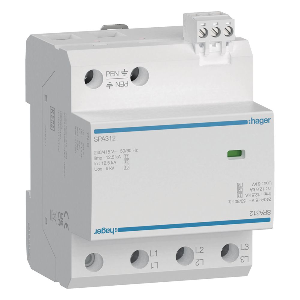Parafoudre combiné Hager Typ1+2+3 3P 12,5 kA FM TN-C, protection contre les surtensions et les courants de foudre