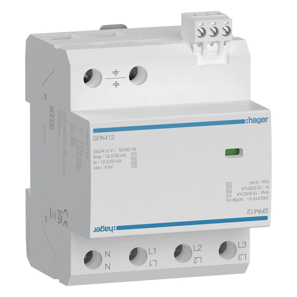 Hager Parafoudre combiné Type 1, 2 et 3 4P 12,5kA FM TNS/TT, protection contre les surtensions et les courants de foudre