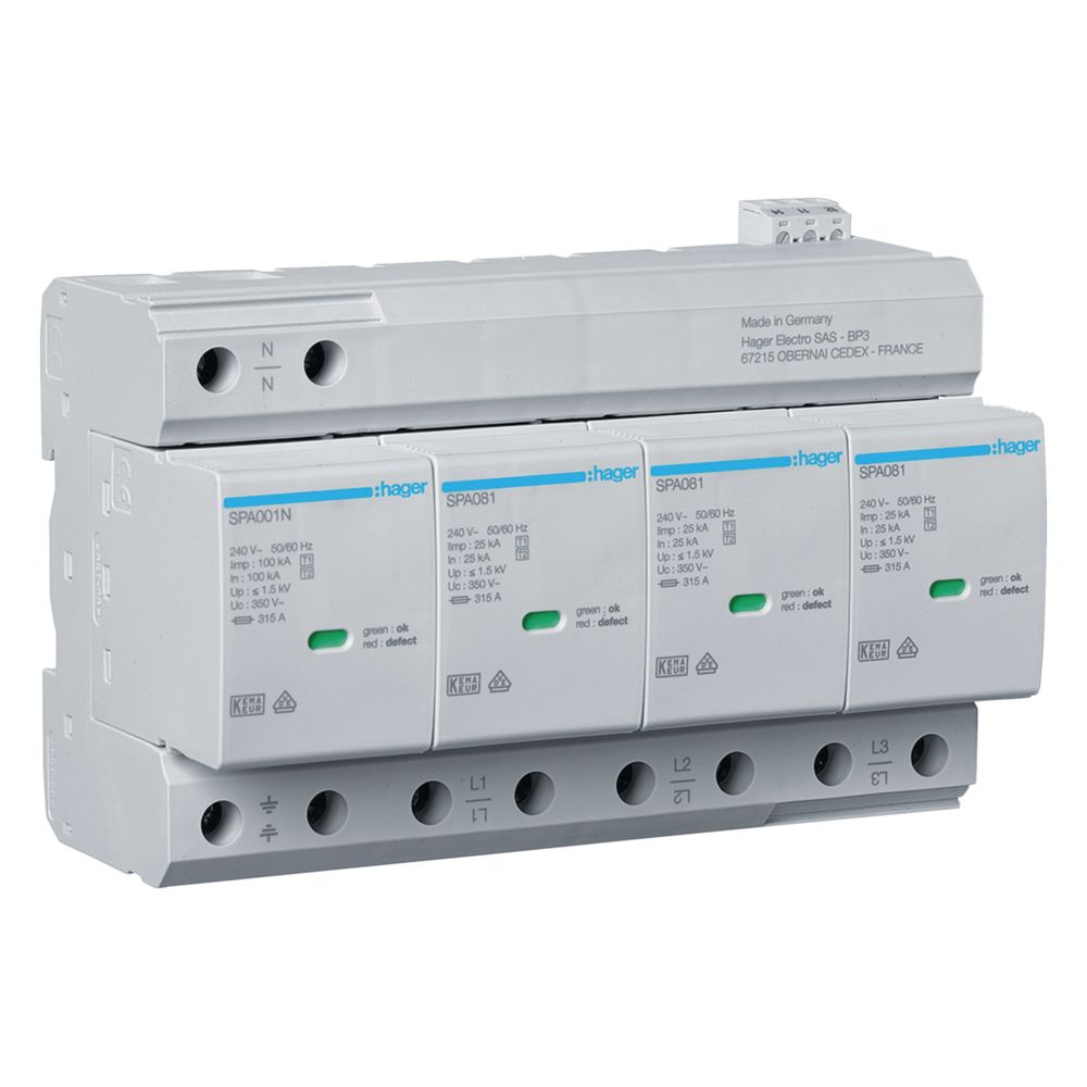 Hager Parafoudre combiné Type 1 et 2 4P Uc 350V Iimp 25kA Up 1,5kV TNS/TT, contact de télécommande