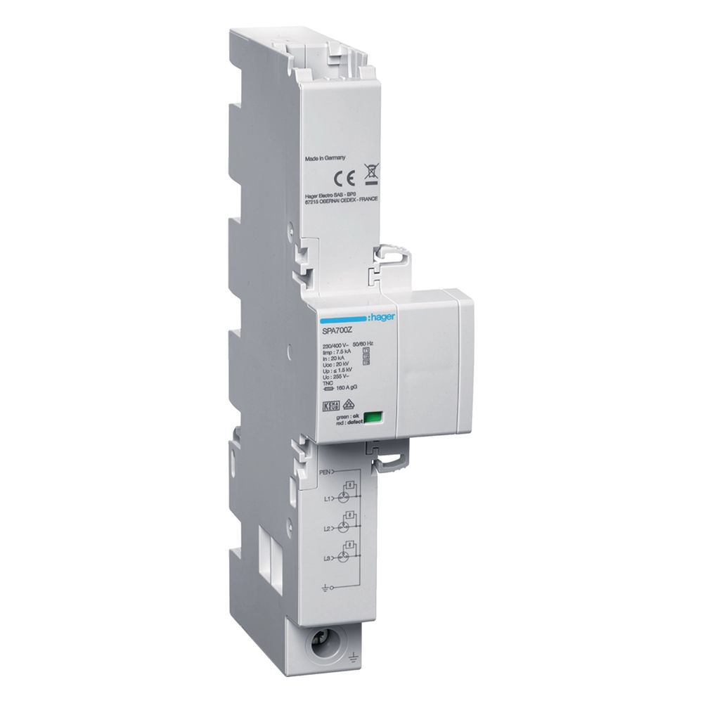 Hager Parafoudre combiné Type 1, 2 et 3 3P Iimp 7,5kA TNC, protection contre les courants de foudre et les surtensions