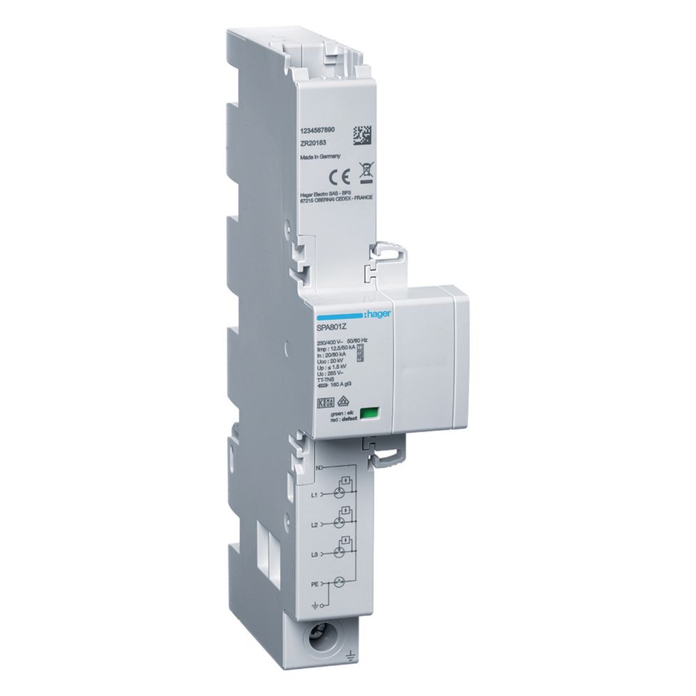 Hager Parafoudre combiné T1, T2 et T3 4P Iimp 12,5kA TT/TNS, protection contre les courants de foudre et les surtensions