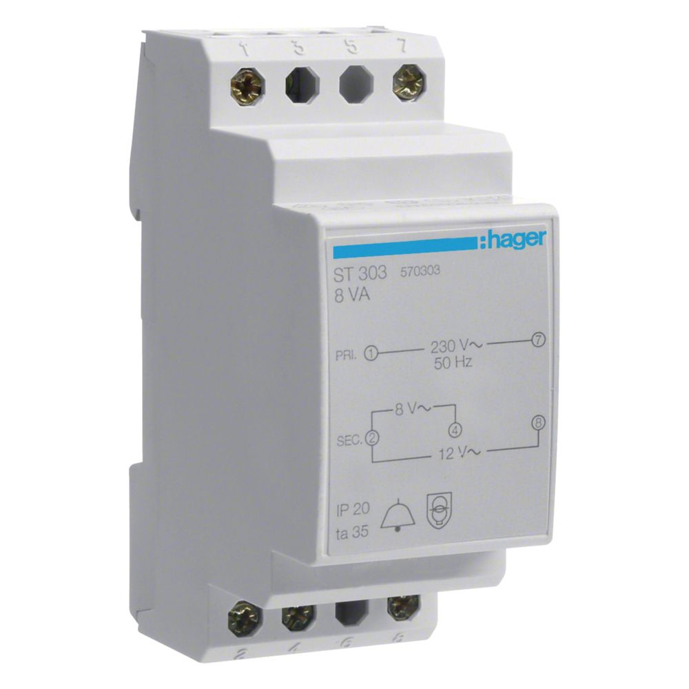 Transformateur de sonnette Hager REG 230V / 8V et 12V, 8 VA, 2 modules