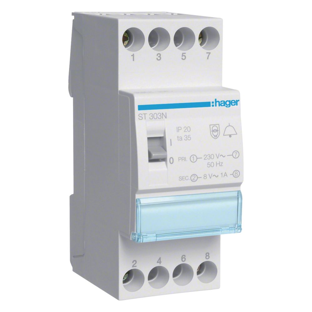 Transformateur de sonnette Hager 230V / 8V 8VA avec interrupteur 2PLE