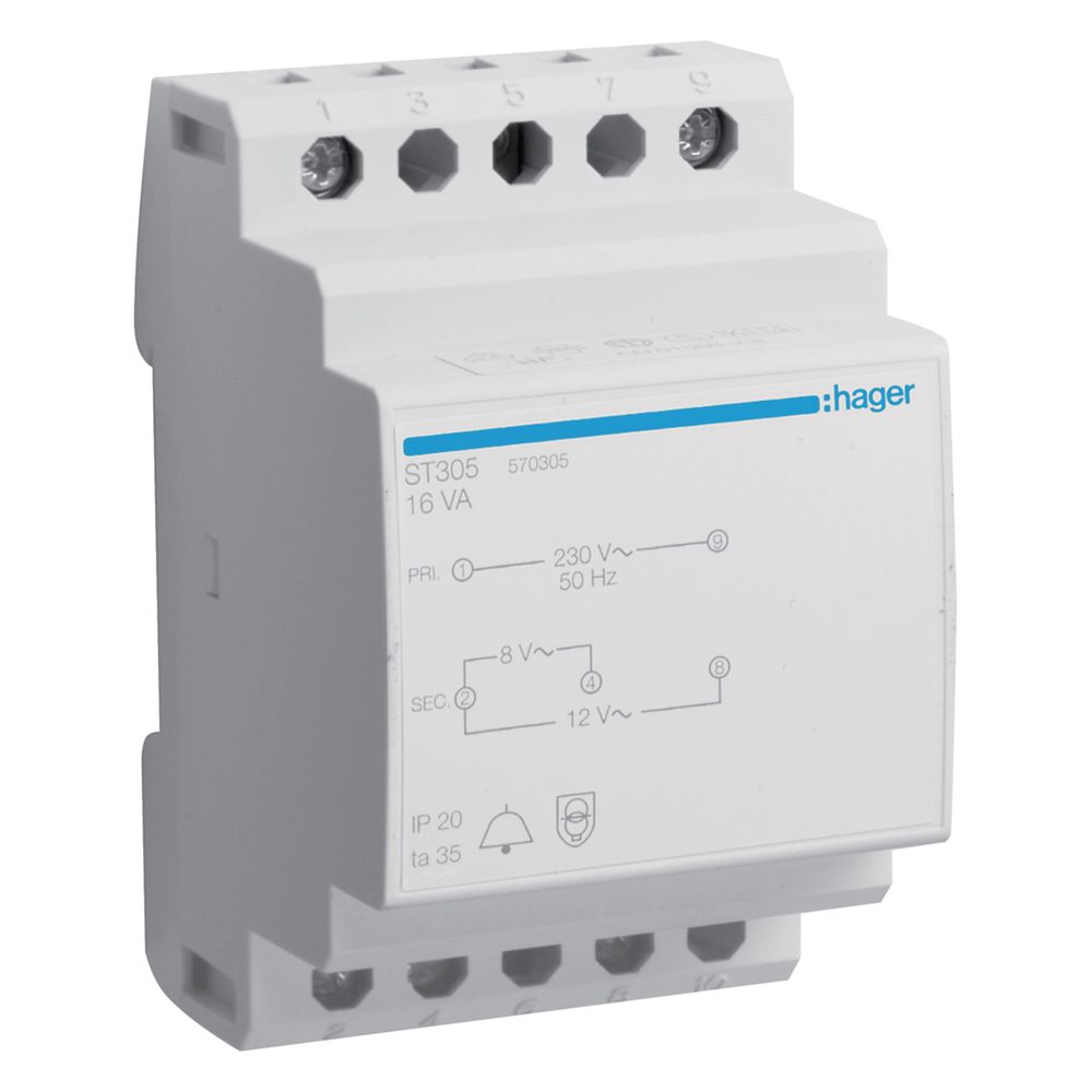 Transformateur de sonnette Hager 230V / 8V et 12V 16VA 3 modules