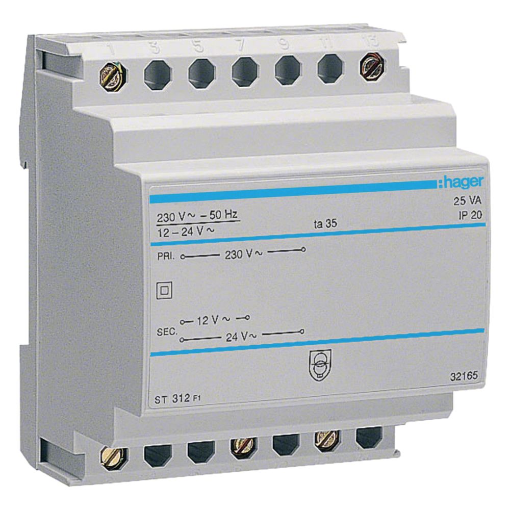 Transformateur de sécurité Hager 230V / 12V et 24V 25VA 4 modules