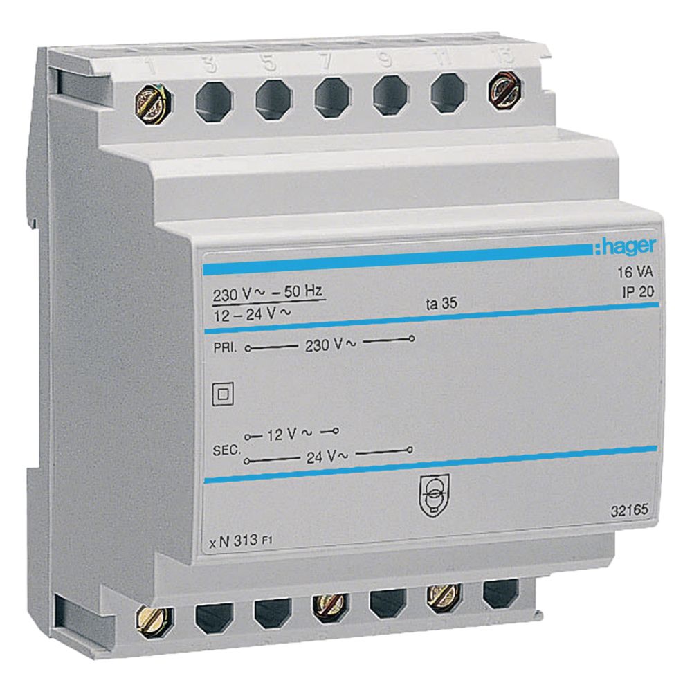 Transformateur de sécurité Hager 230V / 12V et 24V 16VA 4 modules