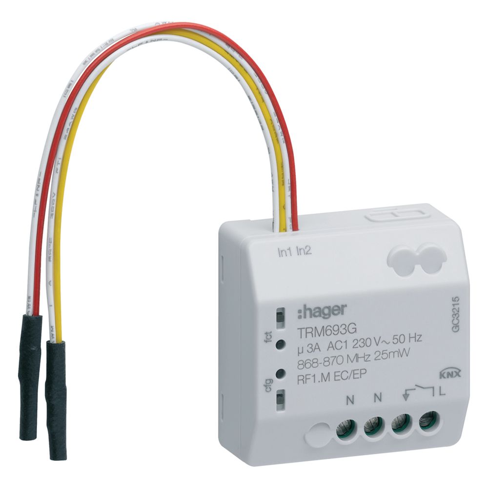 Actionneur de commutation radio Hager TRM693G 1 voie / Entrée binaire 2 voies 230V 3A 3 fils