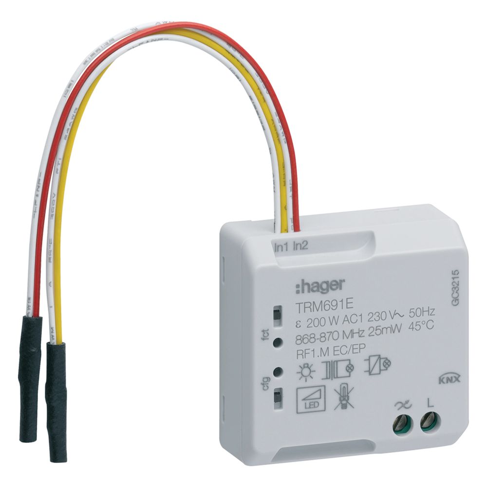 Variateur universel Hager TRM691E radio KNX, 1 canal/entrée binaire, 2 canaux, 200W, 2 fils
