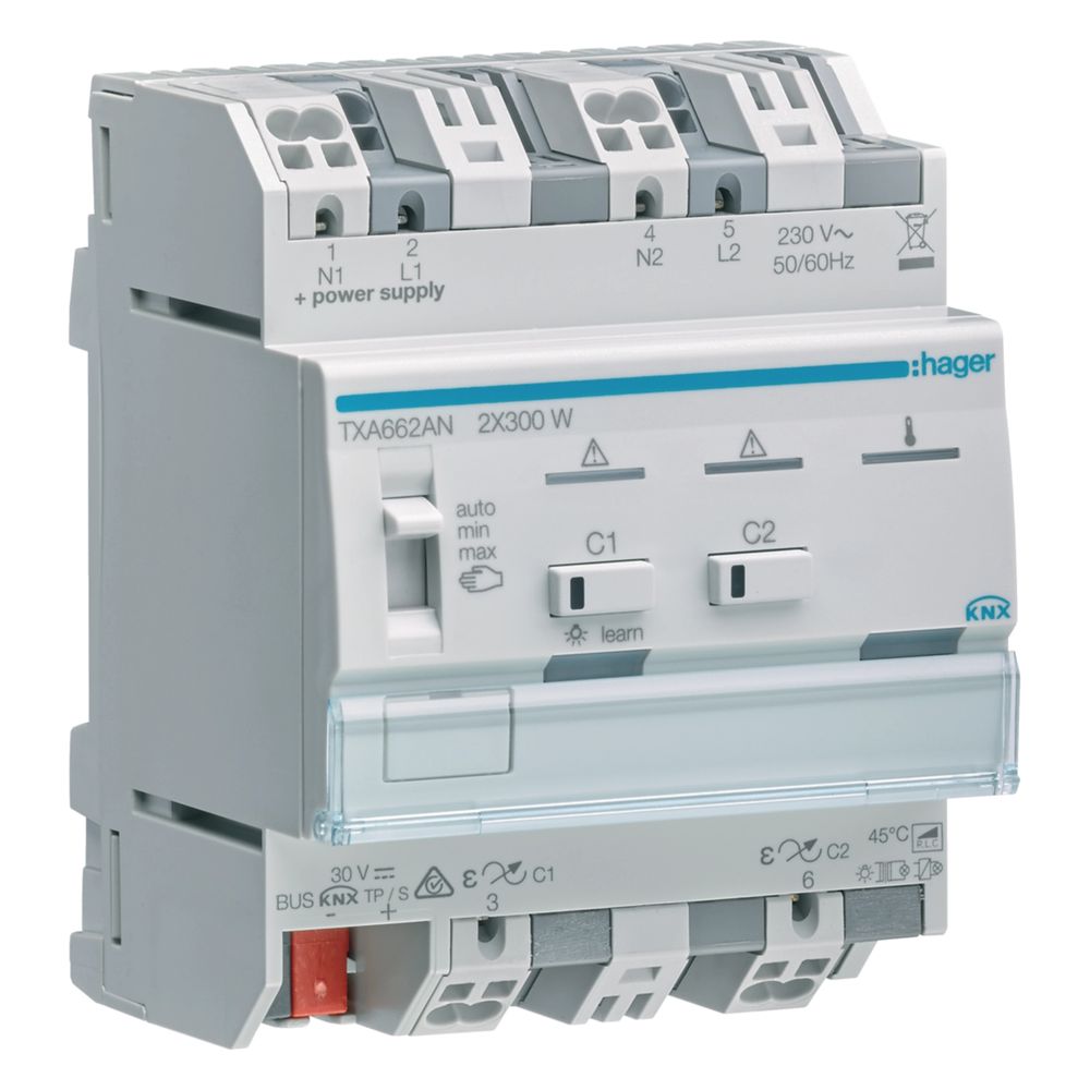 Hager Actionneur de variation universel KNX 2 voies KNX easy, 2x300W, ESL/LED, combinable
