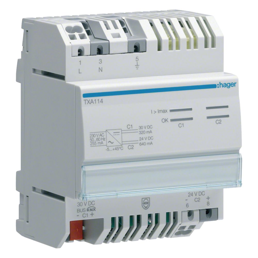 Hager Alimentation KNX, sortie 1-f. avec bobine 320 mA et sortie 1-f. 24 V DC 640 mA