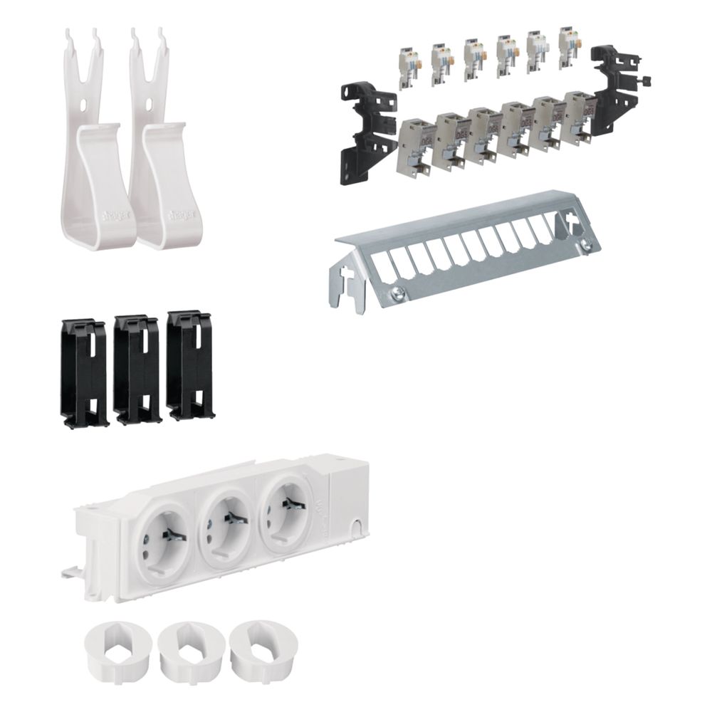 Kit multimédia Hager, universel, 3 prises, 12 panneaux de brassage avec 6x RJ45, supports d'appareils et de câbles