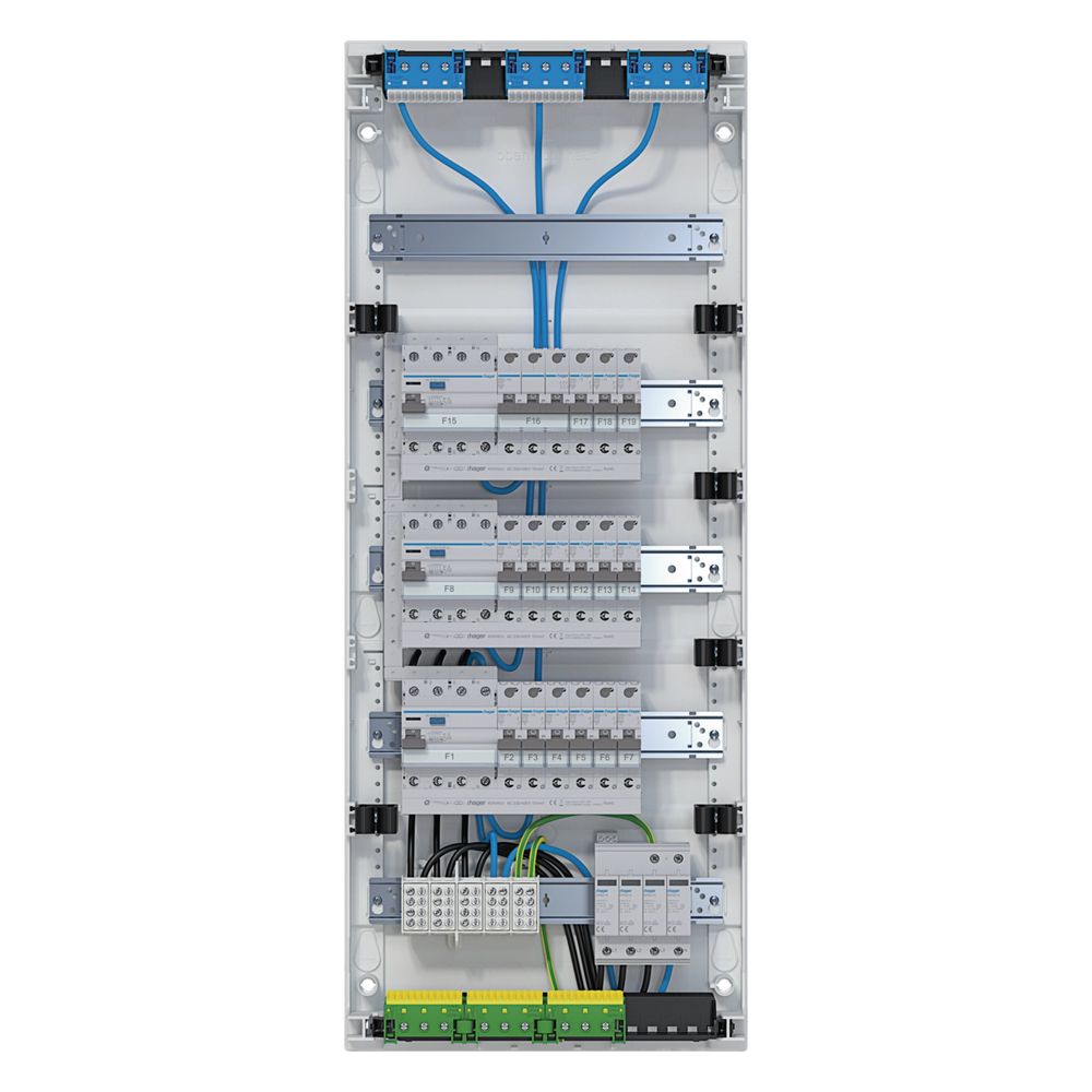 Petit coffret de distribution Hager Volta APV, 5x12 modules, IP30, équipé et câblé, 3 circuits FI, parafoudre intégré