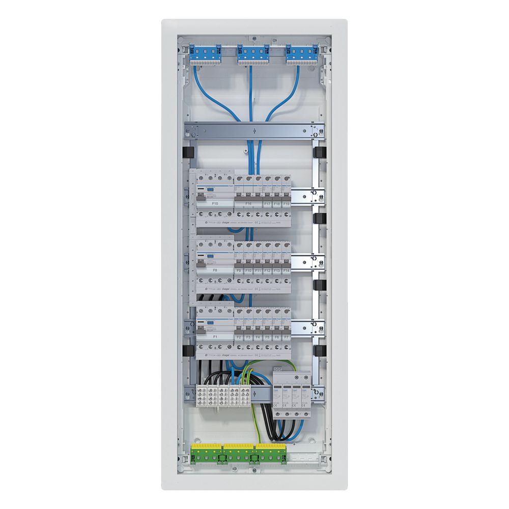 Petit coffret Hager Volta UPV, 5x12PLE, IP30, équipé et câblé, 3 circuits FI, parafoudre intégré