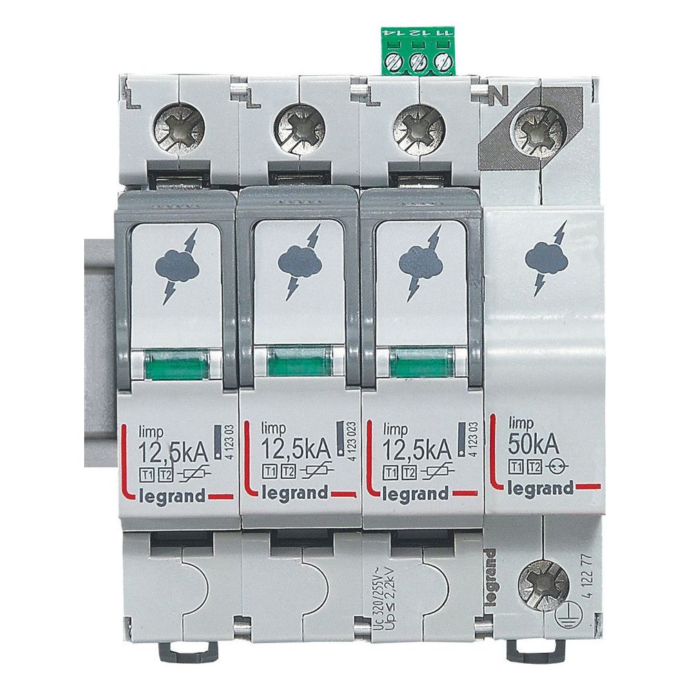 Legrand Parafoudre combiné Type 1+2, circuit 3+1, 400V, 12,5kA, 4 modules, avec contact de télésignalisation, 412277