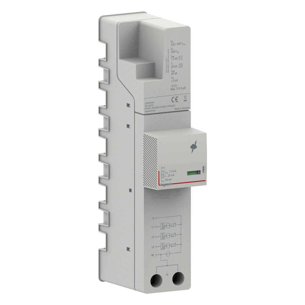 Parafoudre combiné Legrand pour système à barres omnibus, type 1+2, 7,5 kA, 3+1 pôles, 230 V, IP40, référence 412455