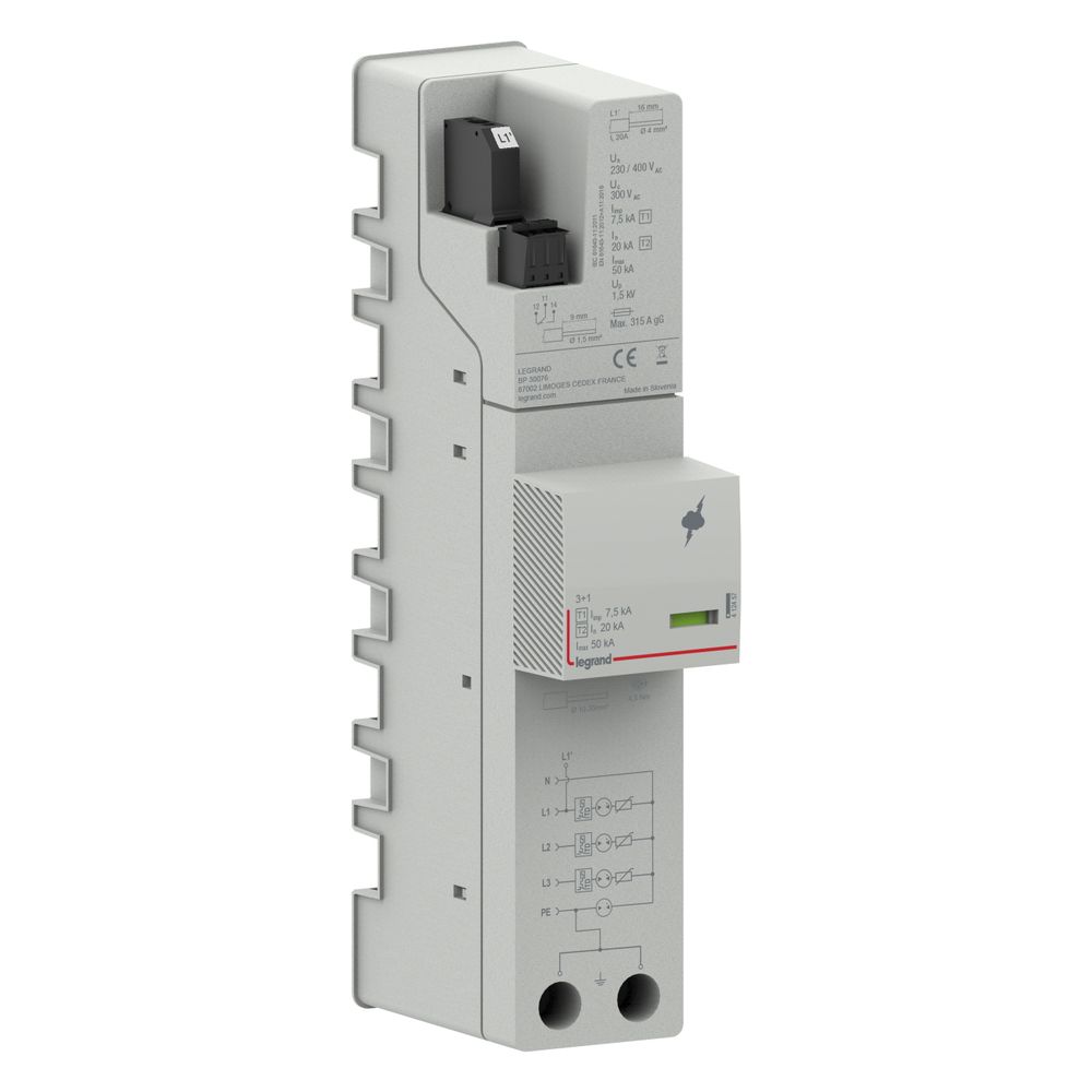 Legrand Parafoudre combiné pour système de jeu de barres T1+T2, 7,5 kA, schéma 3+1, réseaux TT/TNS, contact de télésignalisation, 412457