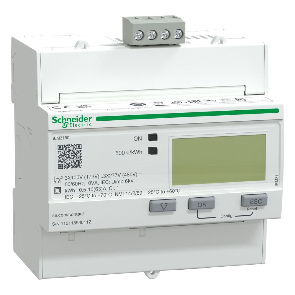 Compteur d'énergie Schneider Electric Acti9 iEM3150, 63 A, 3P+N, 95x90x69 mm, blanc