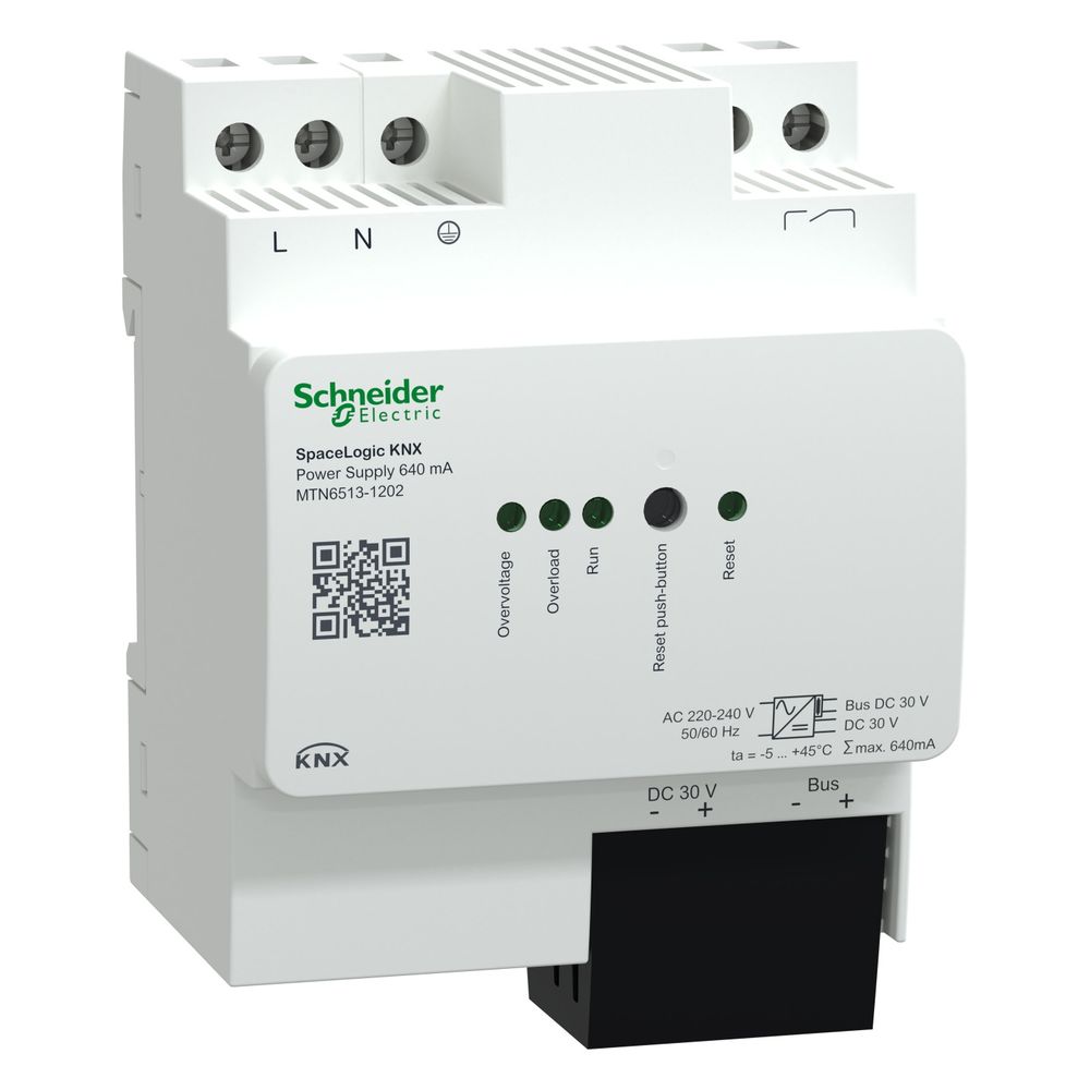 Alimentation SpaceLogic KNX MTN6513-1202 de Schneider Electric, 640 mA, 90x72x65 mm, blanc