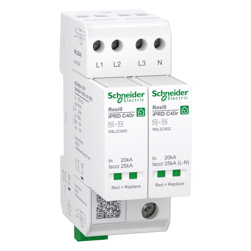 Schneider Electric Parafoudre Resi9 iPRD C40r, 3P+N, Type 2+3, 40kA, Thermoplastique, Blanc, R9L2C640