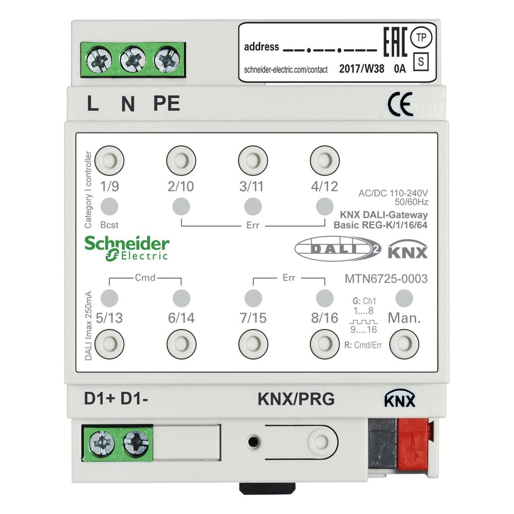 Schneider Electric DALI-Gateway SpaceLogic KNX MTN6725-0003, 1 canal, 4 TE, IP20, blanc
