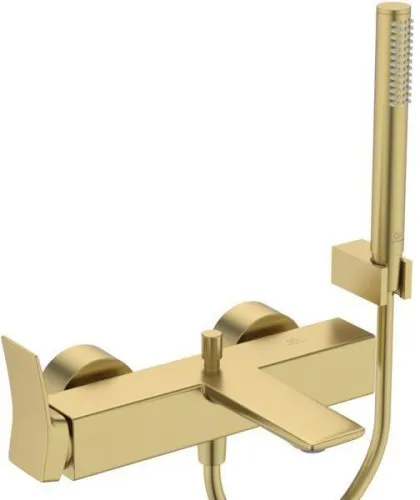 Robinetterie de baignoire Ideal Standard IS Conca, avec barre de douche, flexible de douche et support mural, or brossé