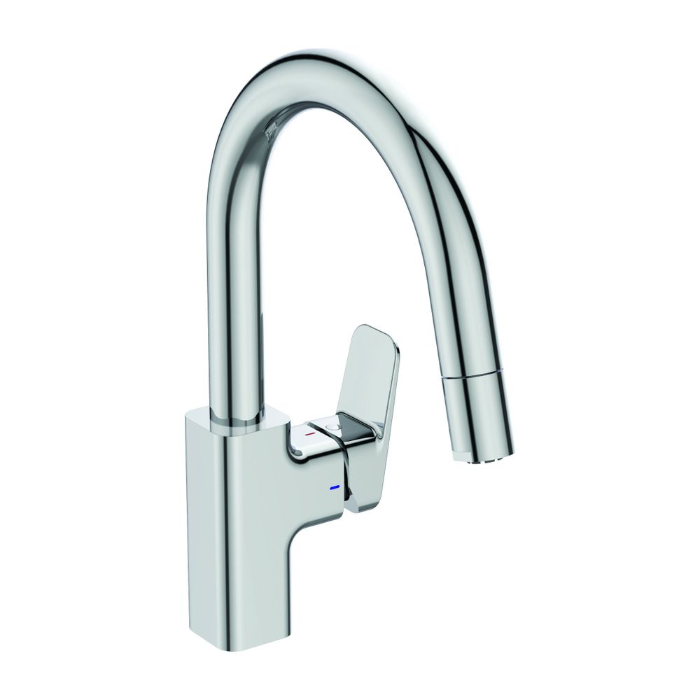 Robinetterie de cuisine Ceraplan Ideal Standard, portée 216 mm, bec tubulaire pour douchette, basse pression, chromé