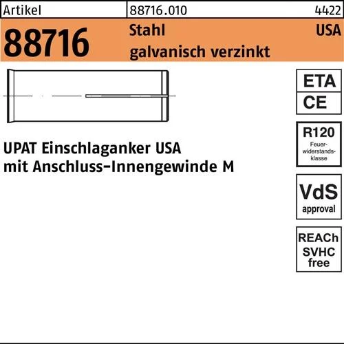 Cheville à expansion R 88716 USA M8 Acier zingué 100 pièces UPAT — lot de 100 pièces