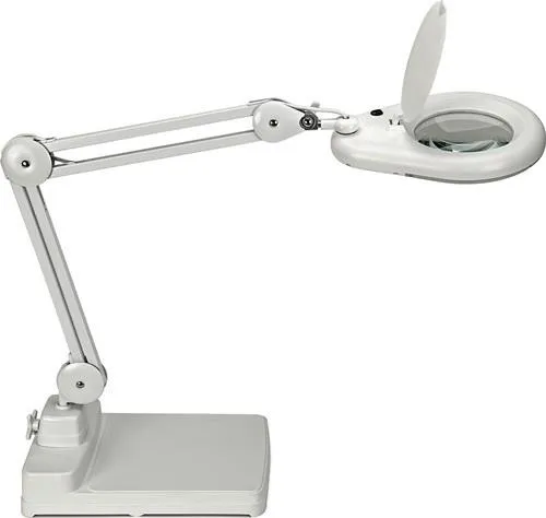 Lampe à loupe LED lentille en verre 127 mm (5 pouces) pied de table blanc avec couvercle, tête ronde